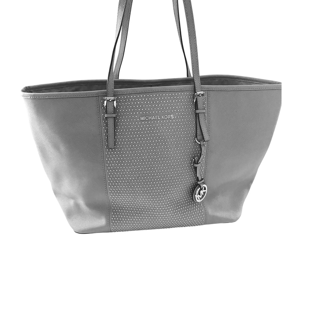 Michael Kors Jet Set East West Studded Saffiano Leather Tote Bag Grey Gold